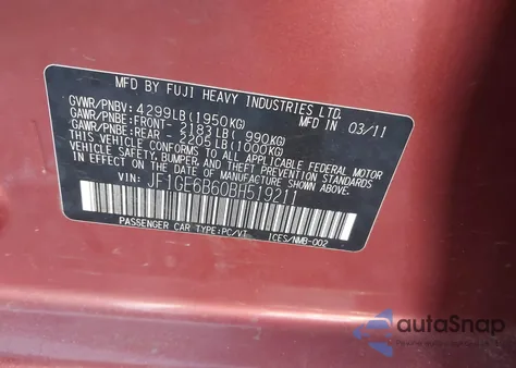 2011 Subaru Impreza 2.5I Premium from USA, damaged, VIN JF1GE6B60BH519211